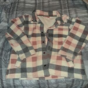 Maurices Pink and Gray Plaid Teddy Jacket